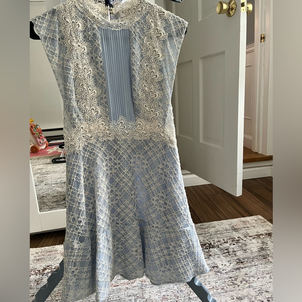 Sandro Lace Dress in Blue and Cream